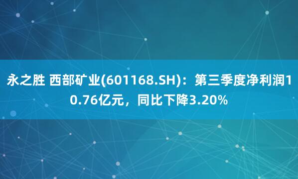 永之胜 西部矿业(601168.SH)：第三季度净利润10.76亿元，同比下降3.20%